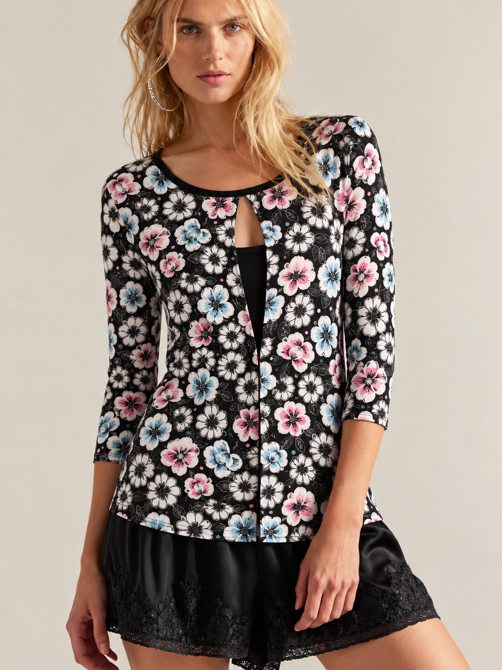 310. Floral Keyhole Cardigan Top in Black with Pink & Blue Flowers